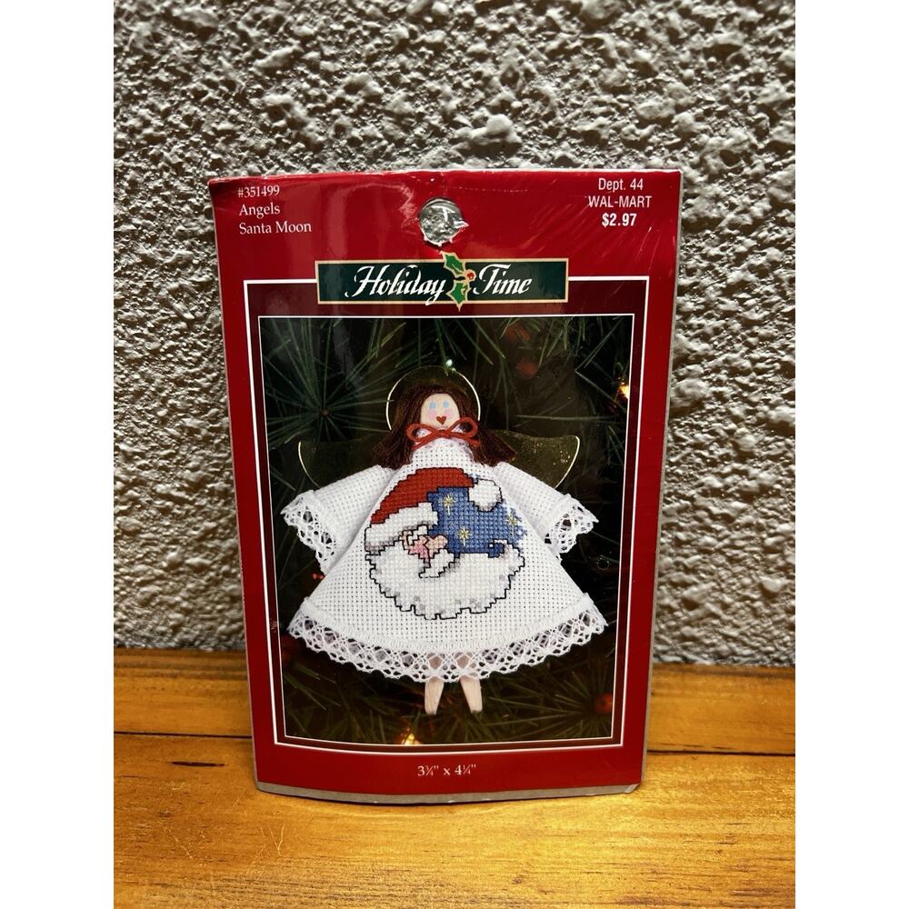 Vintage Holiday Time Santa Moon Cross Stitch Ornament Kit Angel NOS